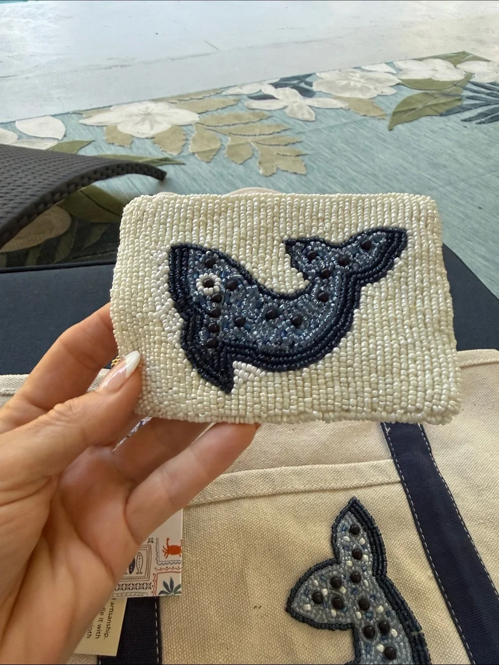 Canvas Tote with Navy Trim and Whale Patch - Cream/Navy